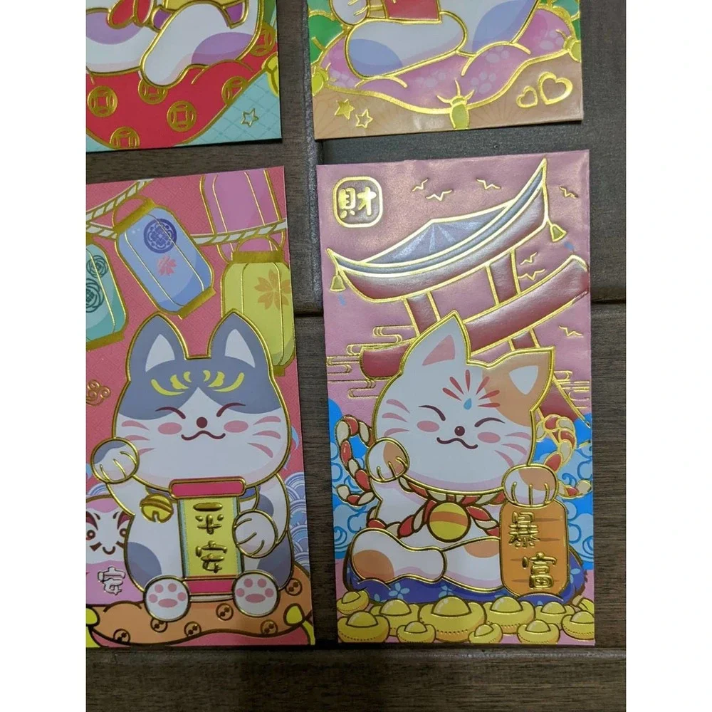 4/$20 Lucky Cat Red Envelopes Chinese Celebration Maneki Neko Money Gift Pouches